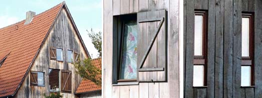 Unterschiedliche Fenstergren und -teilungen mit und Ohne Klappladen in Gebuden mit Holzverschalungen