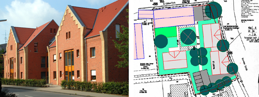 Traufseiten der neuen straenbegleitenden Gebude und der Lageplan