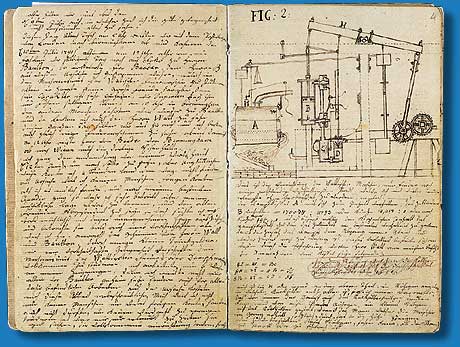 Reichenbachs Tagebuch mit der Konstruktionszeichnung der Dampfmaschine