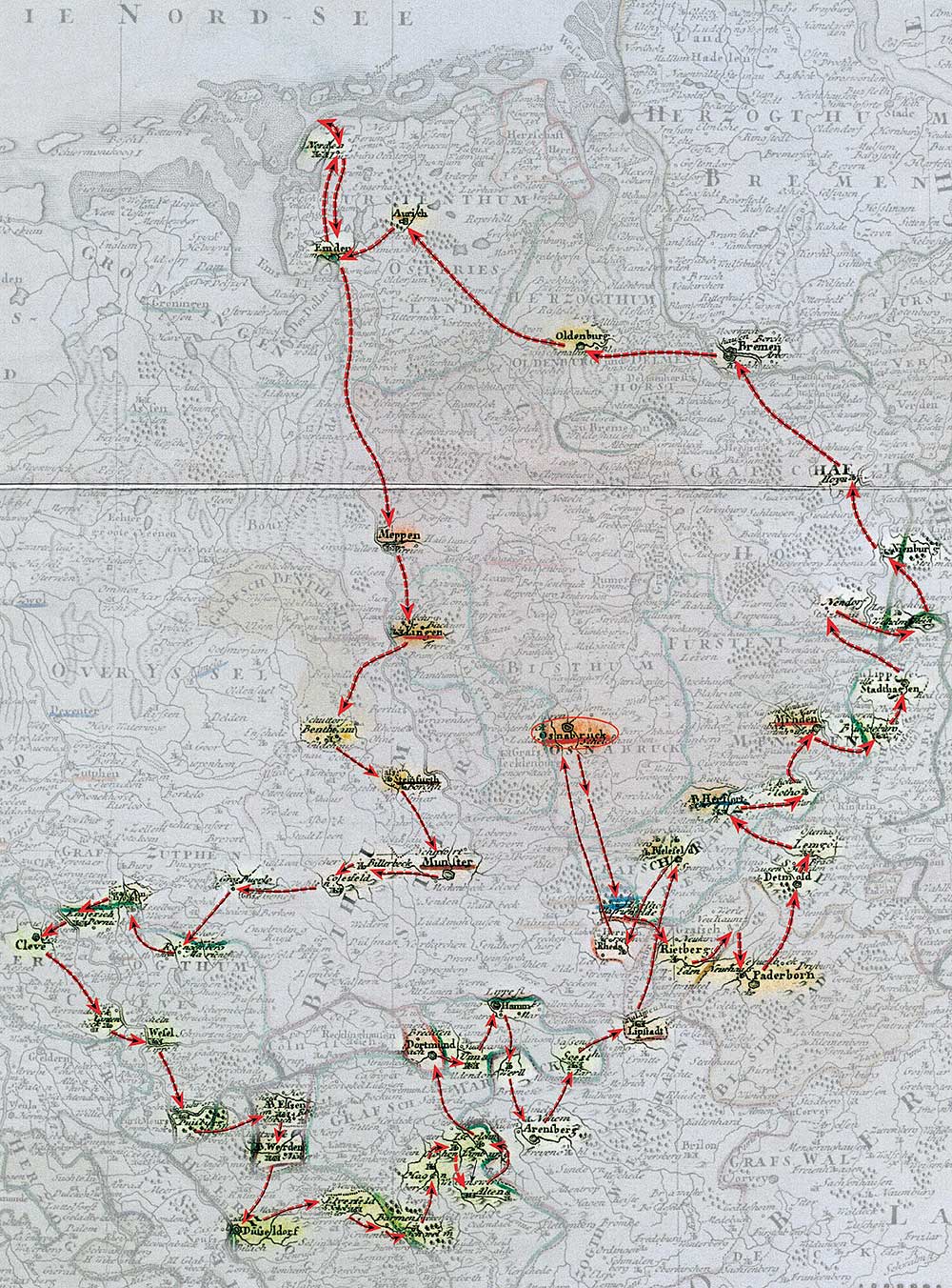 Reiseroute von Justus Gruners Reise durch Westfalen 1800