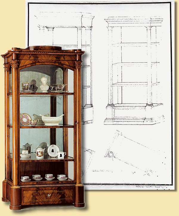 Glasvitrine und Vorlageblatt fr eine Vitrine, um 1830