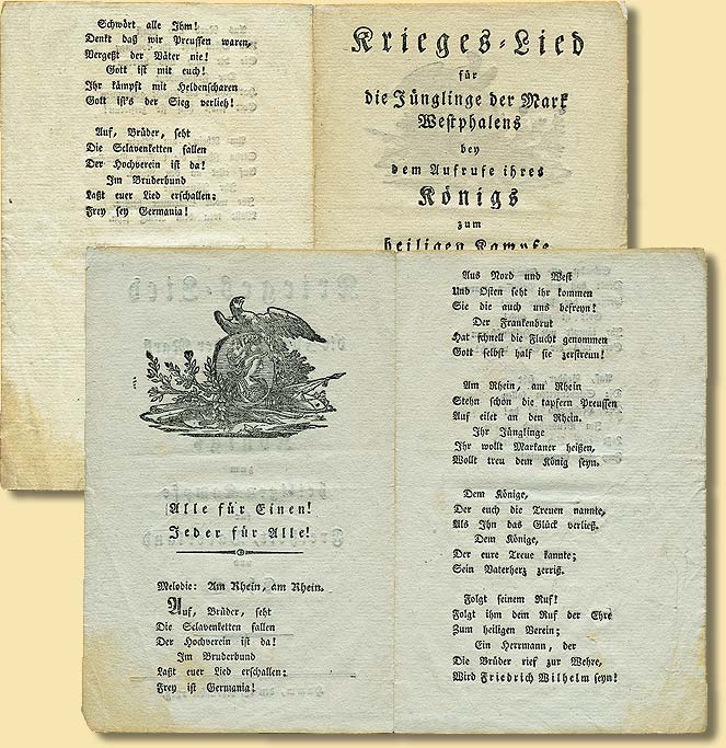 Krieges-Lied fr die Jnglinge der Mark Westphalens bey dem Aufrufe ihres Knigs zum heiligen Kampfe fr Freiheit, Vaterland und Ehre, Hamm 1813