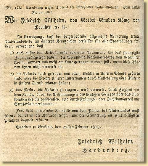 Verordnung zum Tragen der Preuischen Nationalkokarde, 22.2.1813