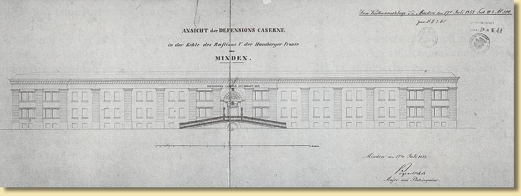 Vorderansicht der 1827 errichteten Kaserne in Minden, 1852 