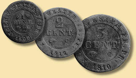 Franzsische Franc-Whrung: Kursmnzen zu 1, 2 und 3 Centimes, 1809-1812