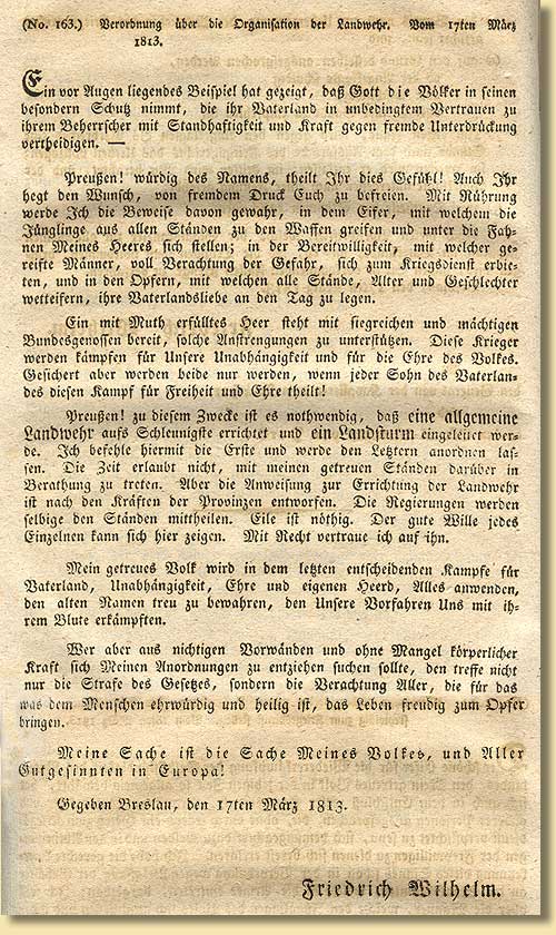 Verordnung ber die Organisation der Landwehr in Preuen, 1813