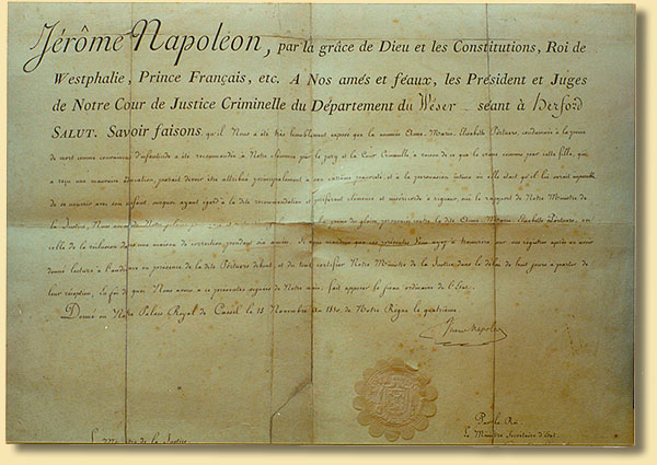 Urkunde des Knigs Jrme von Westphalen ber die Begnadigung einer Kindsmrderin, 1810
