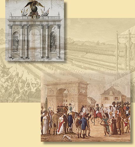 Collage von drei ffentlichen politischen Festen: Huldigungsfeier in Mnster, franzsisches Fderationsfest in Paris, Einzug Napoleons in Dsseldorf, 1808/1791/1811