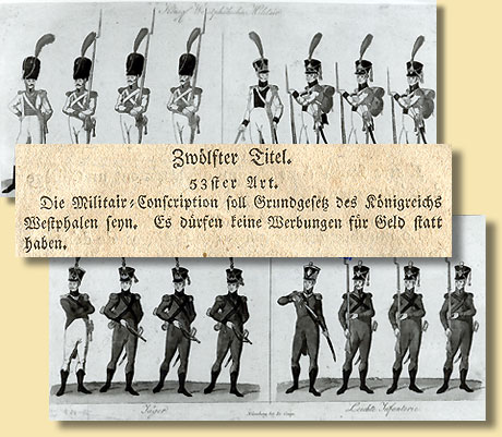 Collage: Bilderbogen und Verfassung des Knigreichs Westphalen zum Militr, 1807 / 1810