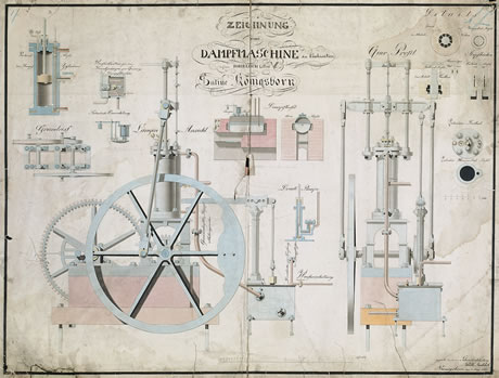Konstruktionszeichnung einer Dampfmaschine