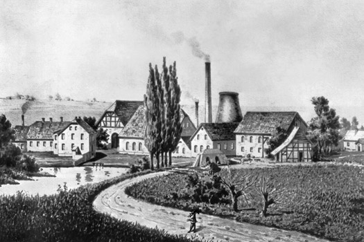 Rekonstruierte Ansicht der St. Antony-Hütte um 1850, rechts der Bildmitte der Kokshochofen