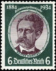 Gustav Nachtigal, Briefmarkenserie des Deutschen Reichs 'Kolonialgedenkjahr 1884-1934', 30.06.1934 / Quelle: Wikimedia Commons PD / Michel Junior-Katalog 1999, Deutsches Reich […], München 1997, S. 33 (Nr. 541)