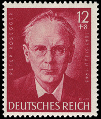 Briefmarkenausgabe des Deutschen Reichs, 100. Geburtstag Peter Rosegger, 27.07.1943 / Quelle: Wikimedia Commons PD / Michel Junior-Katalog 1999, Deutsches Reich […], München 1997, S. 60 (Nr. 855f.).