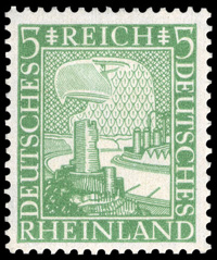 Briefmarkenserie 'Rheinland' des Deutschen Reichs, 30.05.1925, Burgruine und Hochofen vor Kopf des Reichsadlers / Quelle: Wikimedia Commons PD