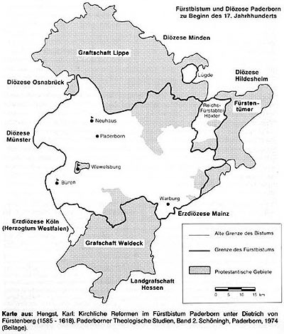 Karte: Fürstbistum und Diözese Paderborn zu Beginn des 17. Jhs.