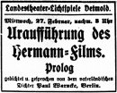 Anzeige der Landestheater-Lichtspiele, Detmold, für die Uraufführung von "Die Hermannschlacht", in: Lippischer Allgemeiner Anzeiger vom 23.02.1924