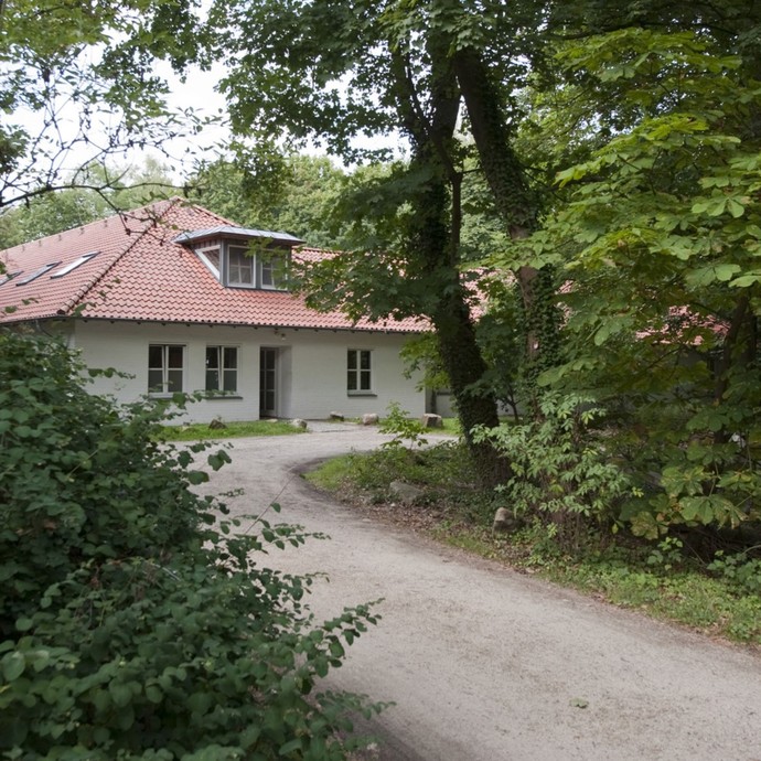 Ein Waldweg führt zu einem Haus umgeben von Bäumen (vergrößerte Bildansicht wird geöffnet)