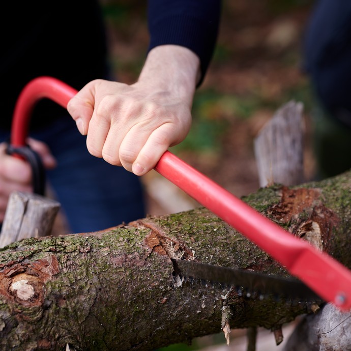 Eine Person sägt einen Baumstamm. (vergrößerte Bildansicht wird geöffnet)
